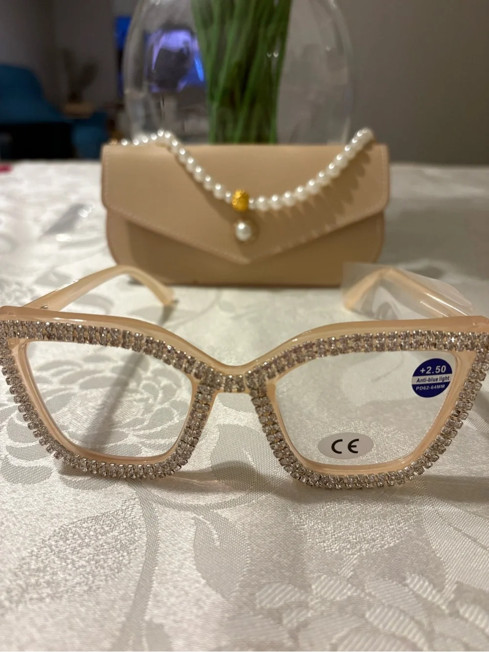 Diamond Studded Glasses +2.50 Case & Neck Hanger New